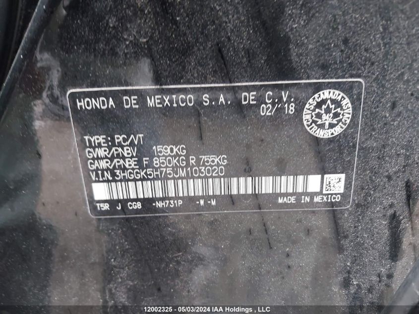 2018 Honda Fit Sport VIN: 3HGGK5H75JM103020 Lot: 12002325