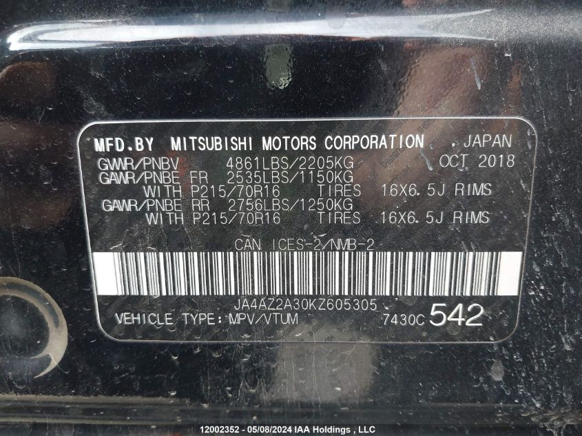 2019 Mitsubishi Outlander VIN: JA4AZ2A30KZ605305 Lot: 12002352