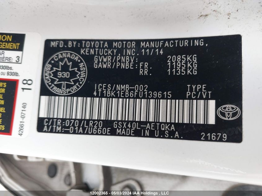 2015 Toyota Avalon Xle/Premium/Touring/Ltd VIN: 4T1BK1EB6FU139615 Lot: 12002365