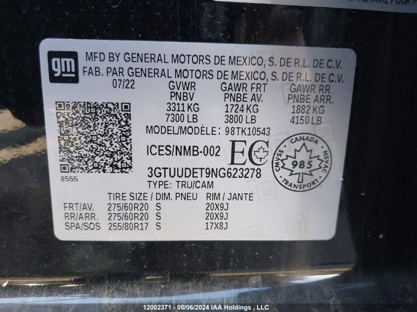 2022 GMC Sierra 1500 VIN: 3GTUUDET9NG623278 Lot: 12002371