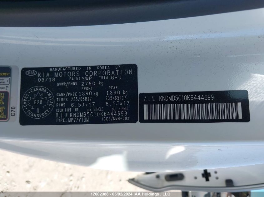 2019 Kia Sedona Lx/Ex VIN: KNDMB5C10K6444699 Lot: 12002388