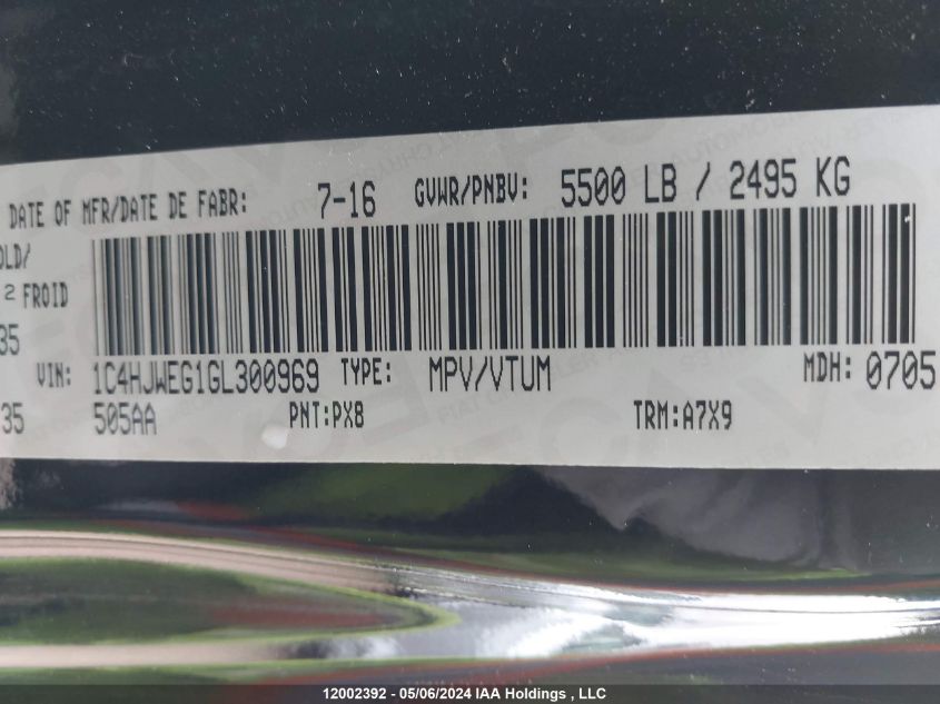 2016 Jeep Wrangler Unlimited VIN: 1C4HJWEG1GL300969 Lot: 12002392