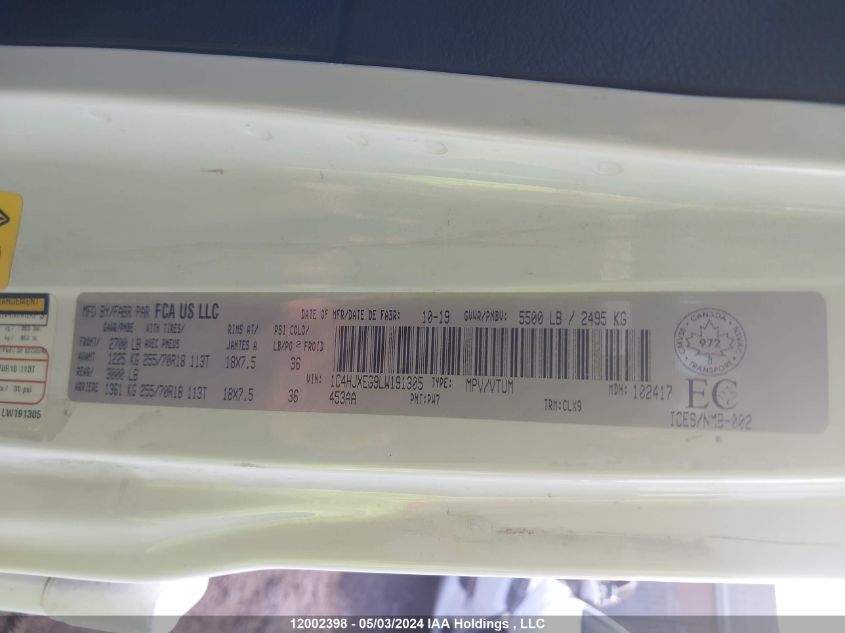 2020 Jeep Wrangler Unlimited Sahara VIN: 1C4HJXEG9LW191305 Lot: 12002398