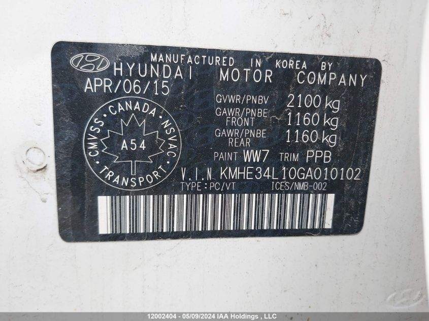 2016 Hyundai Sonata Hybrid Limited VIN: KMHE34L10GA010102 Lot: 12002404