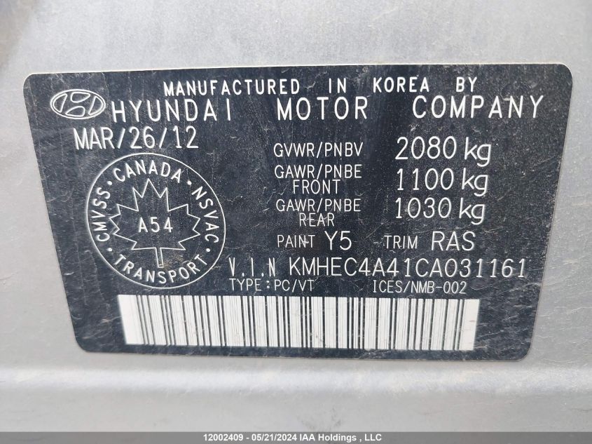 2012 Hyundai Sonata Hybrid VIN: KMHEC4A41CA031161 Lot: 12002409