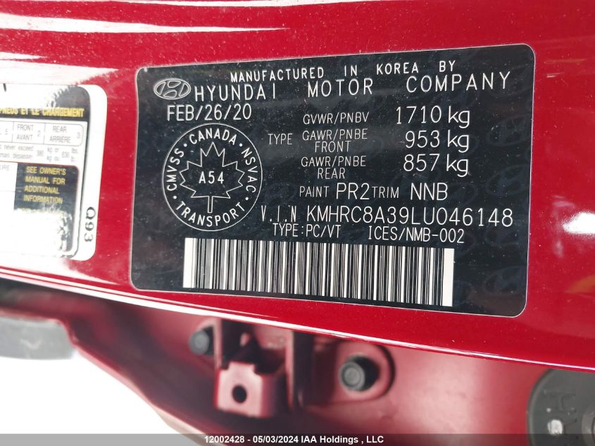 2020 Hyundai Venue Preferred VIN: KMHRC8A39LU046148 Lot: 12002428