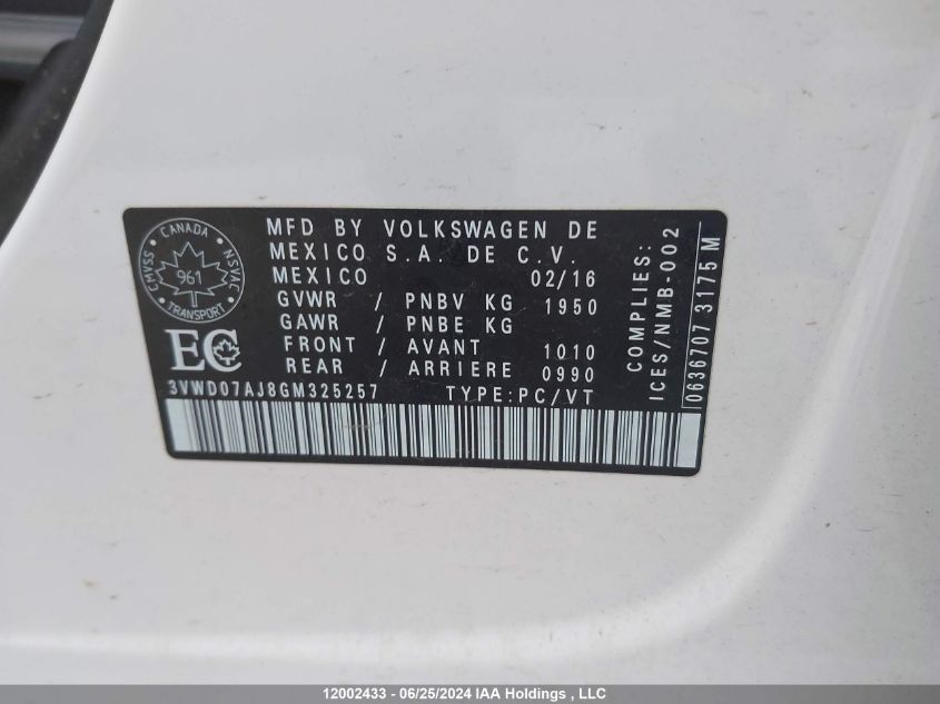 2016 Volkswagen Jetta VIN: 3VWD07AJ8GM325257 Lot: 12002433