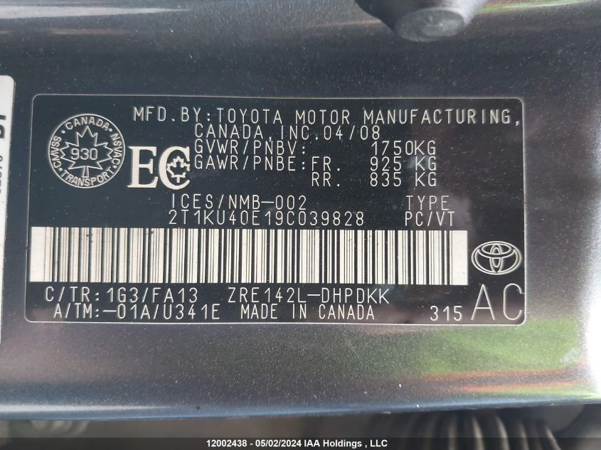 2009 Toyota Matrix VIN: 2T1KU40E19C039828 Lot: 12002438