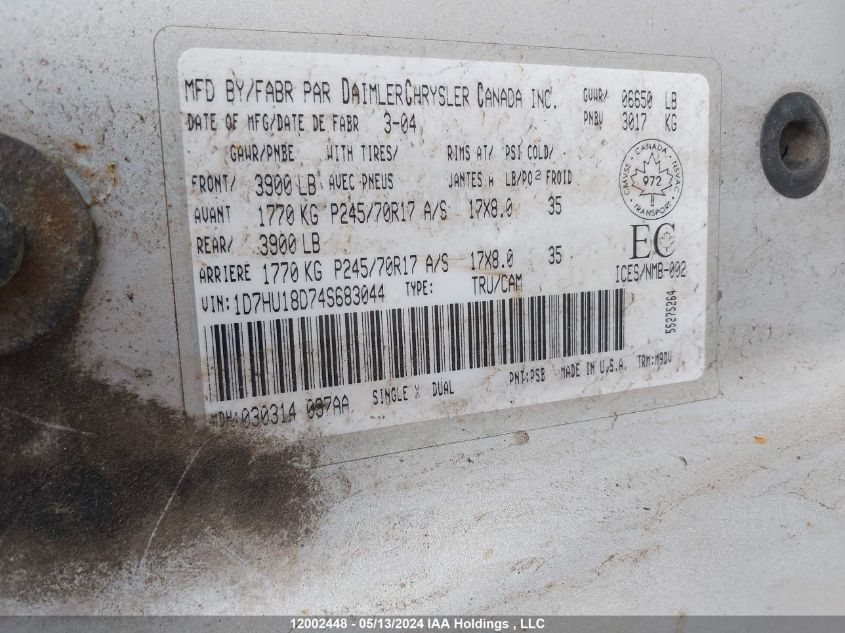 2004 Dodge Ram 1500 VIN: 1D7HU18D74S683044 Lot: 12002448