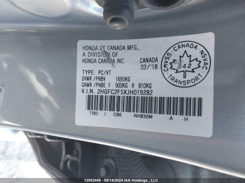 2018 Honda Civic Sedan VIN: 2HGFC2F5XJH019282 Lot: 12002449