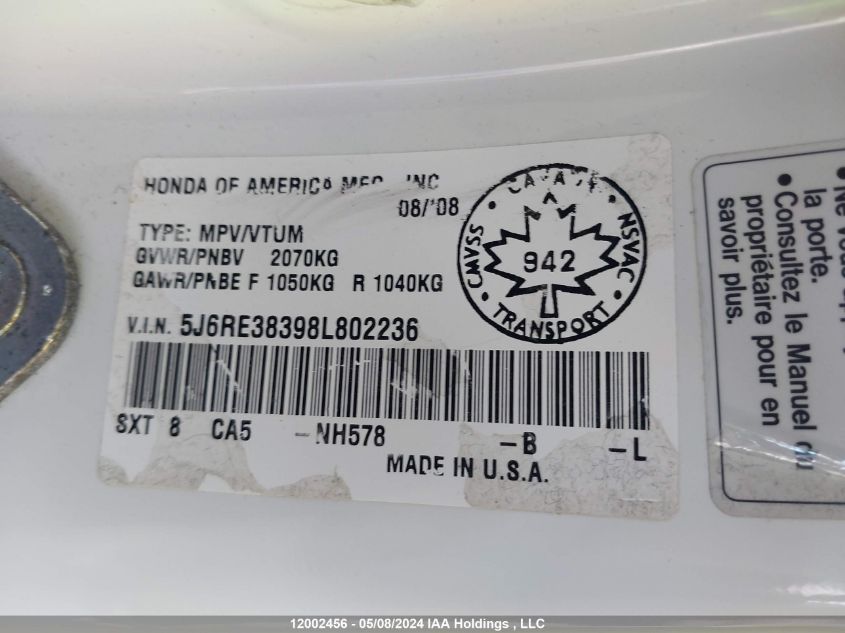 2008 Honda Cr-V VIN: 5J6RE38398L802236 Lot: 12002456