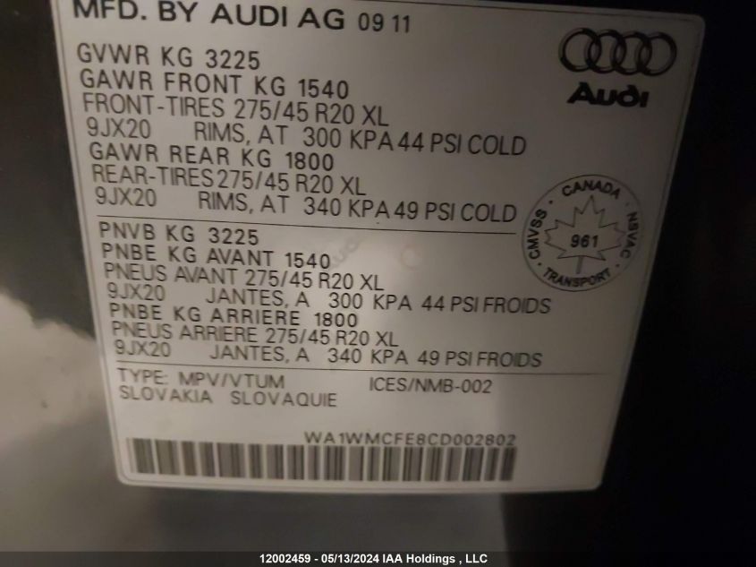 2012 Audi Audi. VIN: WA1WMCFE8CD002802 Lot: 12002459