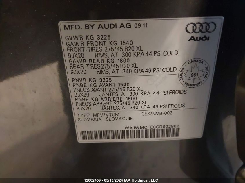 2012 Audi Audi. VIN: WA1WMCFE8CD002802 Lot: 12002459