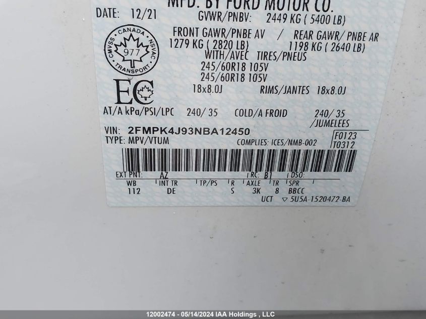 2022 Ford Edge Sel VIN: 2FMPK4J93NBA12450 Lot: 12002474