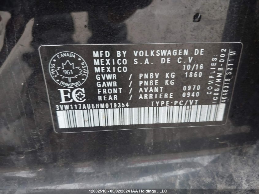 2017 Volkswagen Golf S/Wolfsburg VIN: 3VW117AU5HM019354 Lot: 12002510