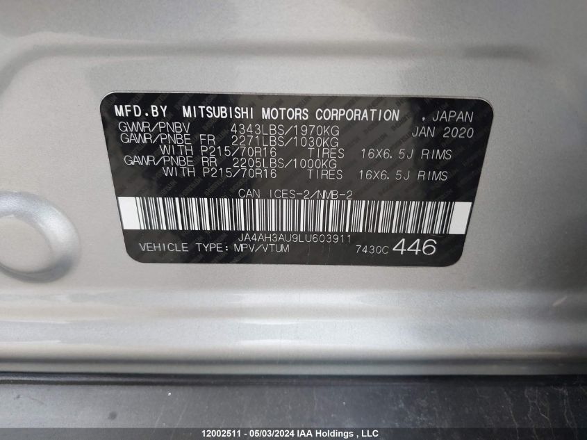 2020 Mitsubishi Rvr VIN: JA4AH3AU9LU603911 Lot: 12002511