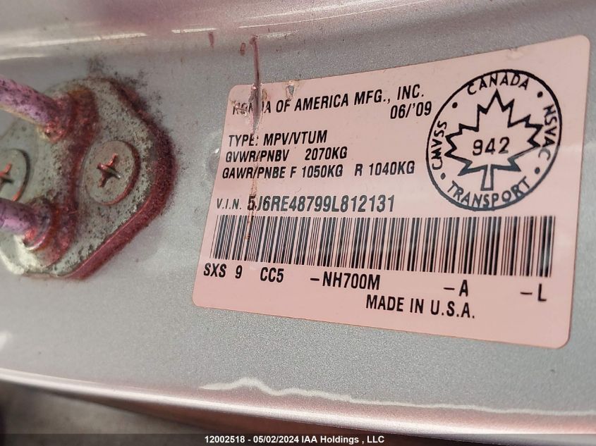 2009 Honda Cr-V Exl VIN: 5J6RE48799L812131 Lot: 12002518