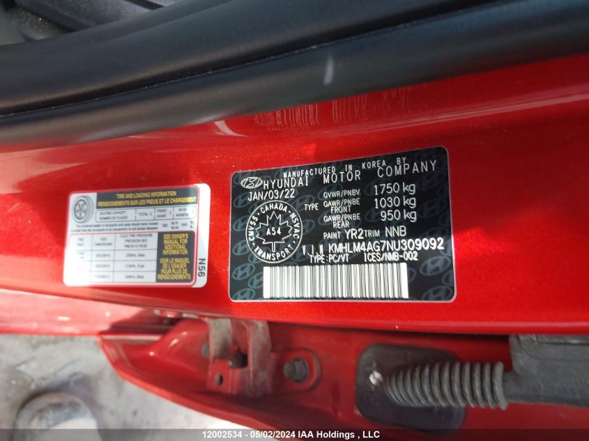 2022 Hyundai Elantra Sel VIN: KMHLM4AG7NU309092 Lot: 12002534