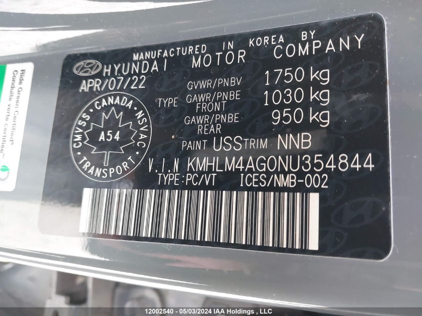 2022 Hyundai Elantra Sel VIN: KMHLM4AG0NU354844 Lot: 12002540