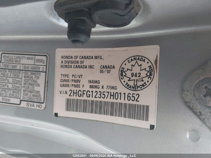 2007 Honda Civic Dx-G VIN: 2HGFG12357H011652 Lot: 12002541