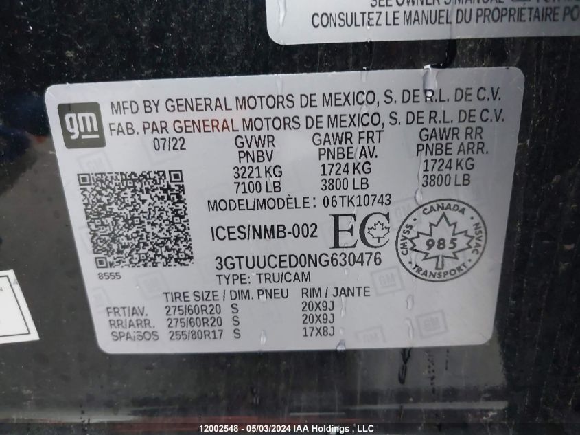 2022 GMC Sierra 1500 VIN: 3GTUUCED0NG630476 Lot: 12002548