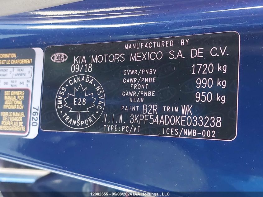 2019 Kia Forte VIN: 3KPF54AD0KE033238 Lot: 12002555