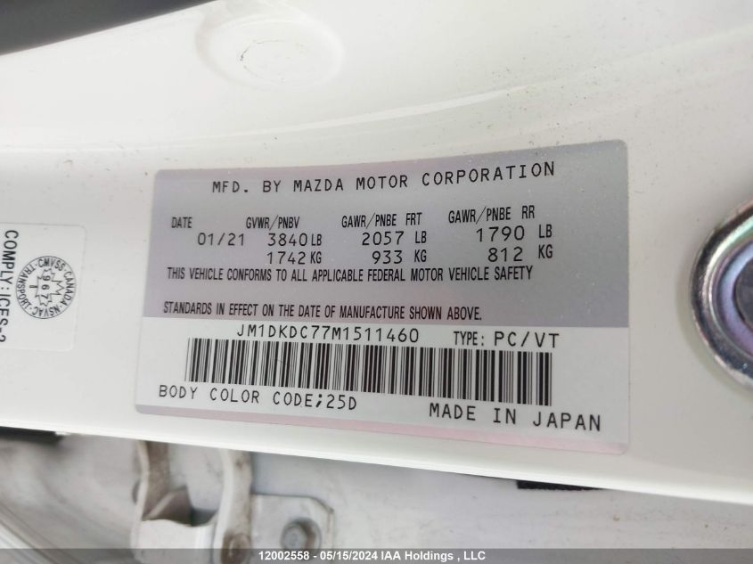 2021 Mazda Cx-3 VIN: JM1DKDC77M1511460 Lot: 12002558