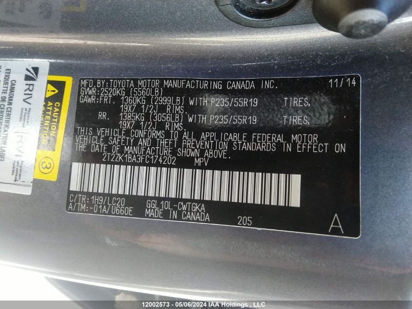 2015 Lexus Rx 350 VIN: 2T2ZK1BA3FC174202 Lot: 12002573