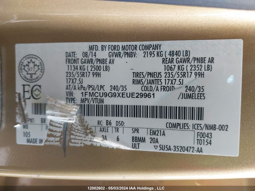 2014 Ford Escape Se VIN: 1FMCU9G9XEUE29961 Lot: 12002602