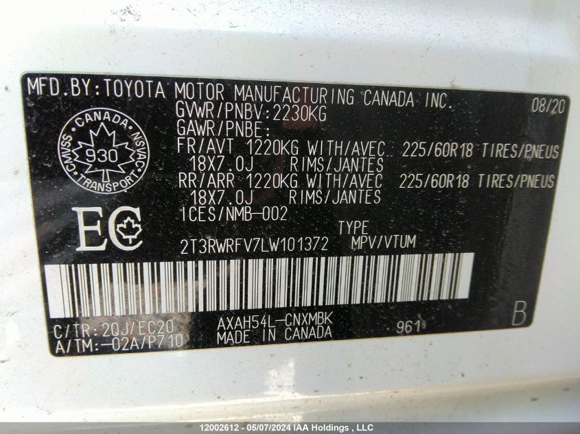 2020 Toyota Rav4 Hybrid Xle VIN: 2T3RWRFV7LW101372 Lot: 12002612