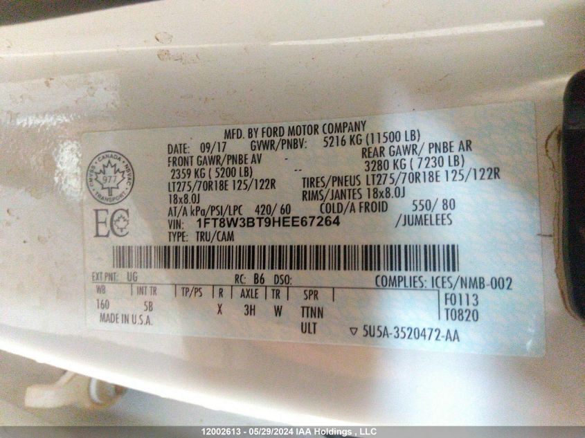 2017 Ford F350 Super Duty VIN: 1FT8W3BT9HEE67264 Lot: 12002613