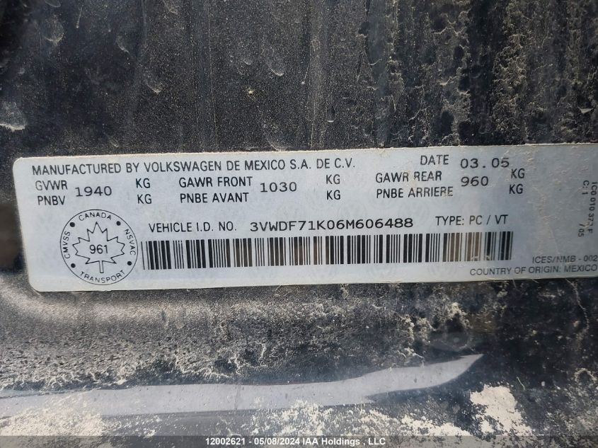 2006 Volkswagen Jetta 2.5 VIN: 3VWDF71K06M606488 Lot: 12002621
