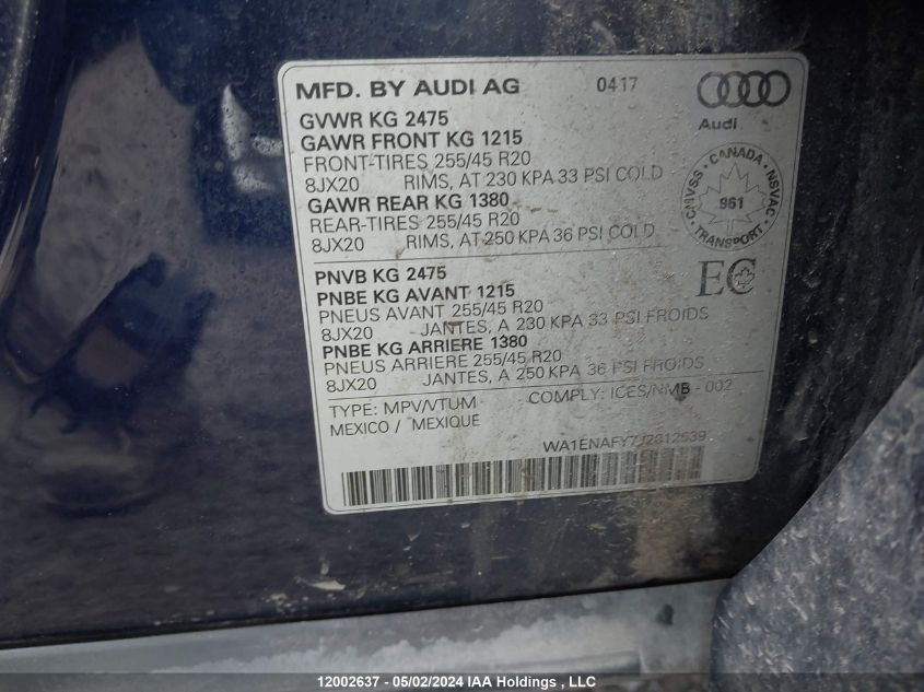 2018 Audi Q5 VIN: WA1ENAFY7J2012639 Lot: 12002637