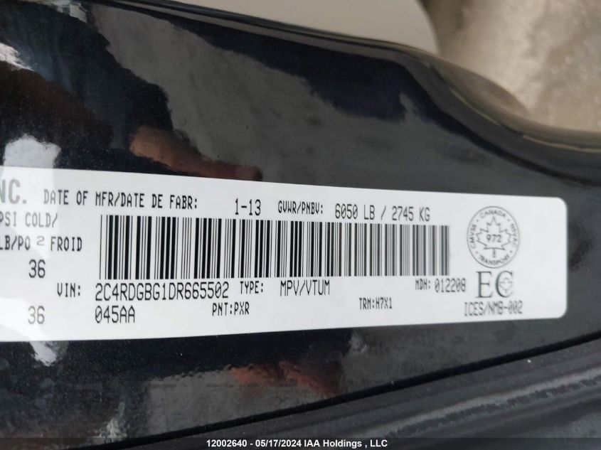 2013 Dodge Grand Caravan Sxt VIN: 2C4RDGBG1DR665502 Lot: 12002640