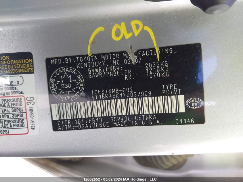 2007 Toyota Camry Le/Xle/Se VIN: 4T1BK46K17U032909 Lot: 12002652