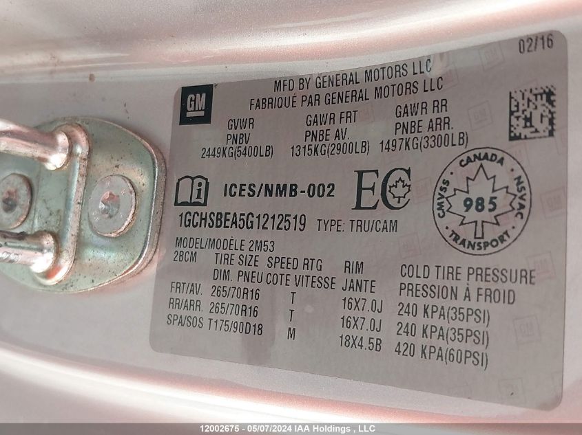 2016 Chevrolet Colorado VIN: 1GCHSBEA5G1212519 Lot: 12002675