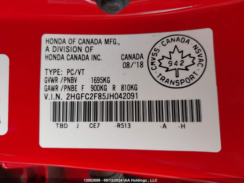 2018 Honda Civic Ex 4Dr VIN: 2HGFC2F85JH042091 Lot: 12002688