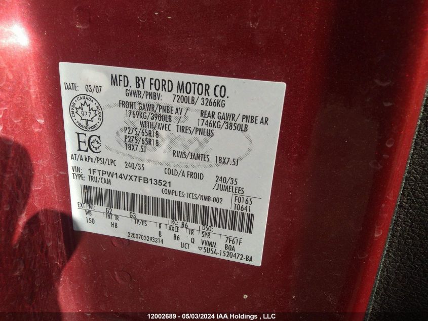 2007 Ford F-150 VIN: 1FTPW14VX7FB13521 Lot: 12002689