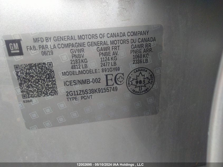2019 Chevrolet Impala Lt VIN: 2G11Z5S38K9155749 Lot: 12002695
