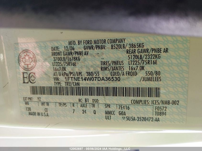 2007 Ford Econoline E150 VIN: 1FTNE14W07DA36530 Lot: 12002697
