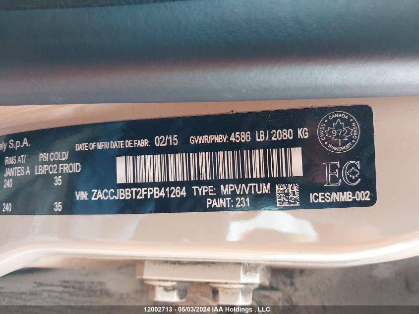 2015 Jeep Renegade Latitude VIN: ZACCJBBT2FPB41264 Lot: 12002713