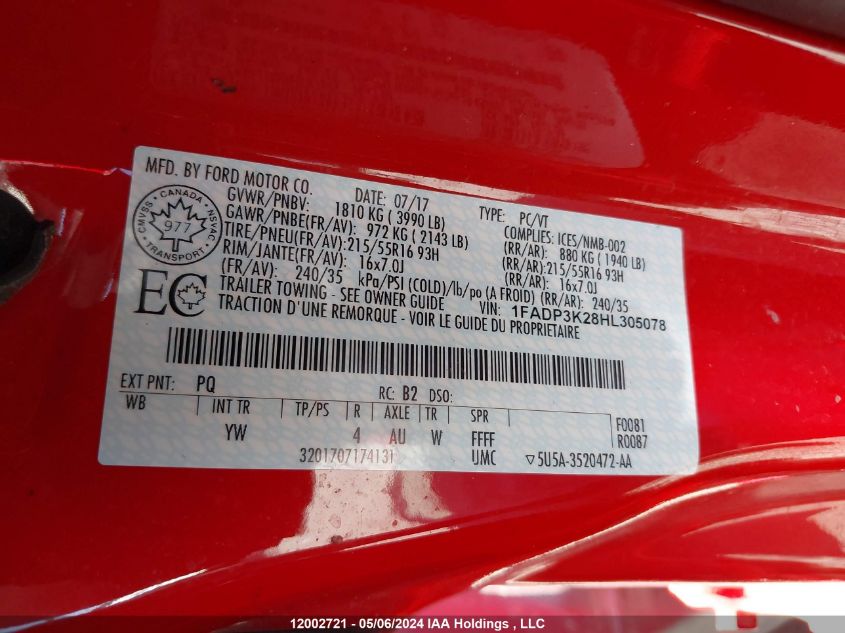 2017 Ford Focus Se VIN: 1FADP3K28HL305078 Lot: 12002721