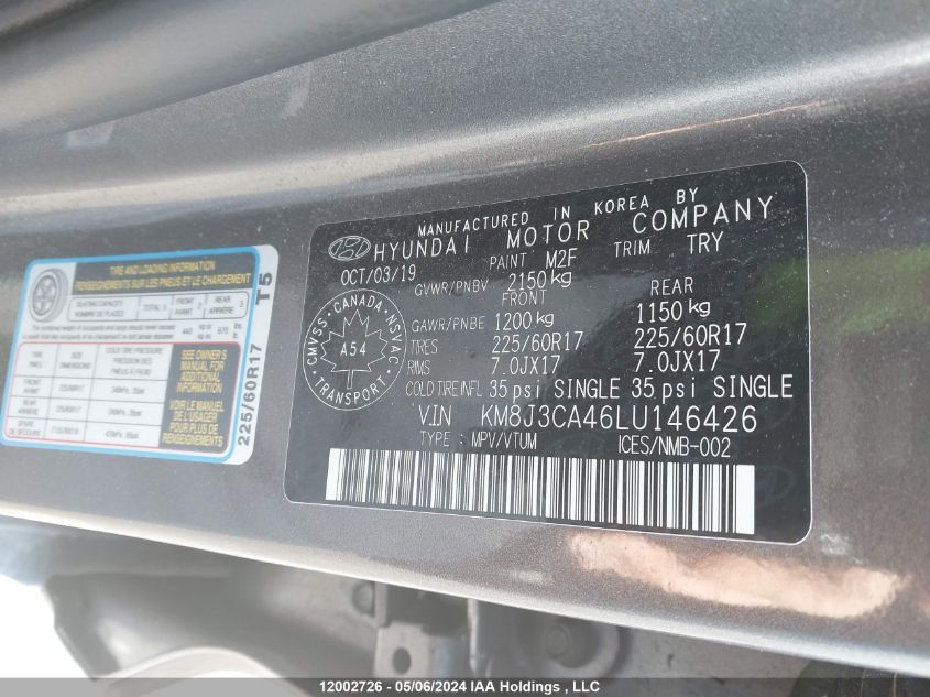 2020 Hyundai Tucson VIN: KM8J3CA46LU146426 Lot: 12002726