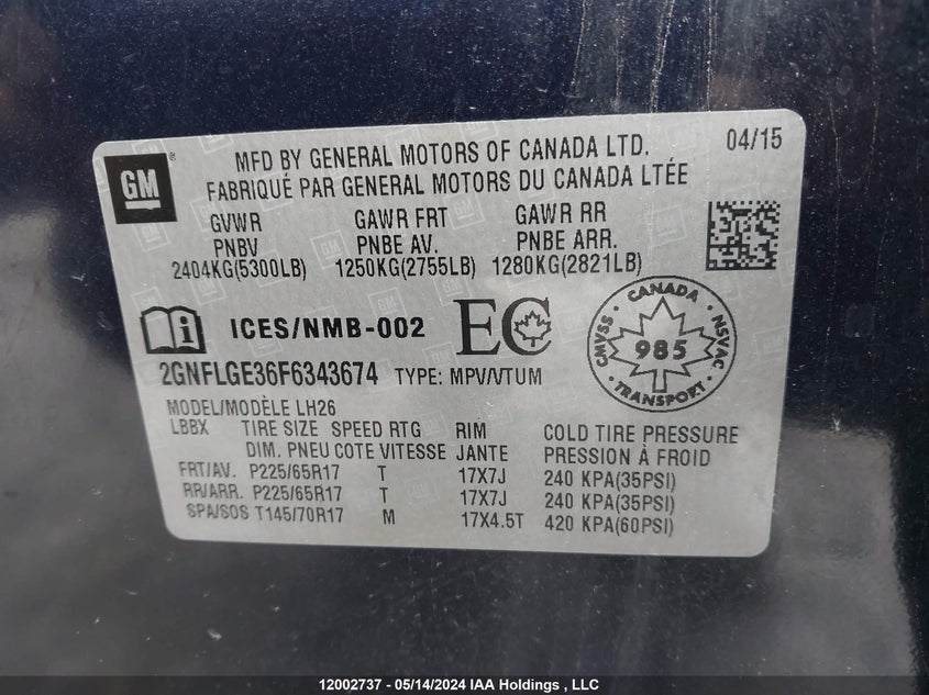 2015 Chevrolet Equinox Lt VIN: 2GNFLGE36F6343674 Lot: 12002737