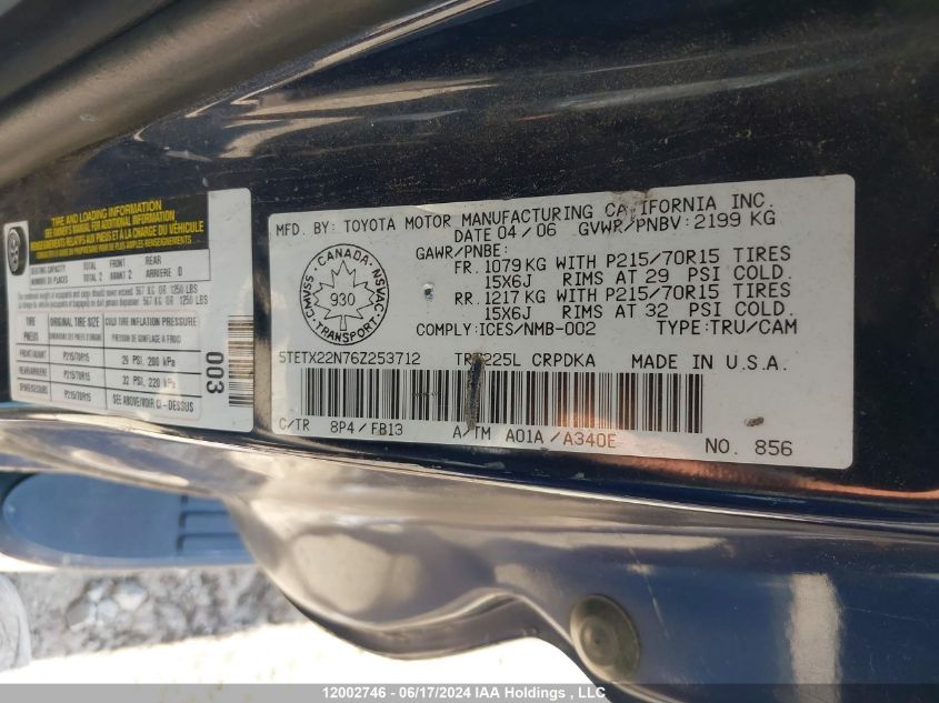 2006 Toyota Tacoma Access Cab VIN: 5TETX22N76Z253712 Lot: 12002746