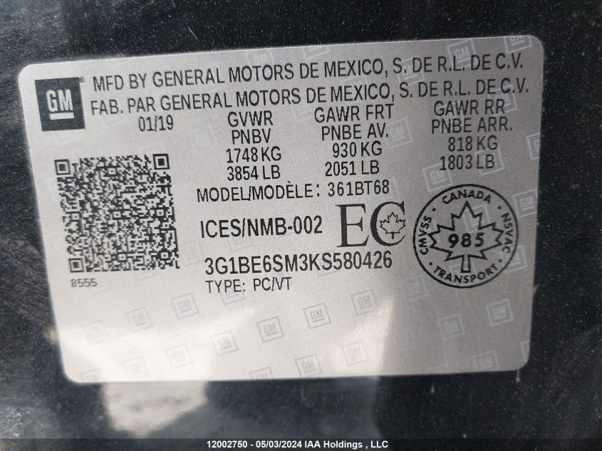 2019 Chevrolet Cruze Lt VIN: 3G1BE6SM3KS580426 Lot: 12002750