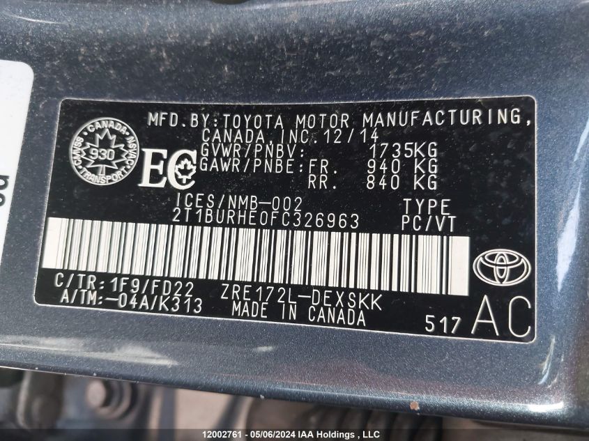 2015 Toyota Corolla L/Le/Le Pls/Prm/S/S Pls VIN: 2T1BURHE0FC326963 Lot: 12002761