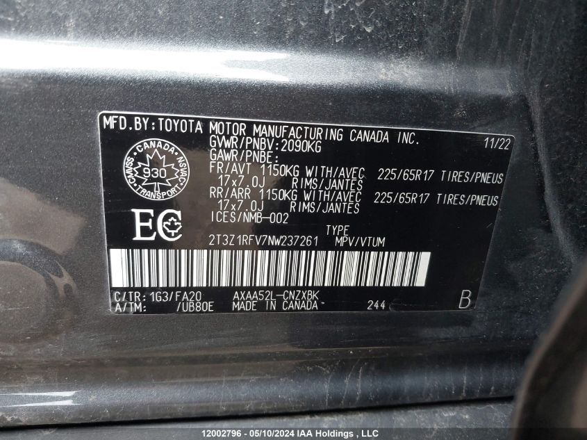 2022 Toyota Rav4 Le VIN: 2T3Z1RFV7NW237261 Lot: 12002796