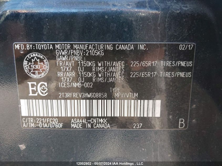 2017 Toyota Rav4 Xle VIN: 2T3RFREV3HW608858 Lot: 12002802