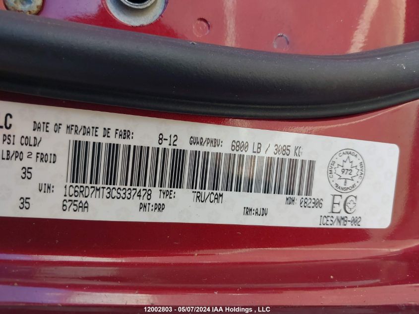 2012 Ram 1500 Sport VIN: 1C6RD7MT3CS337478 Lot: 12002803